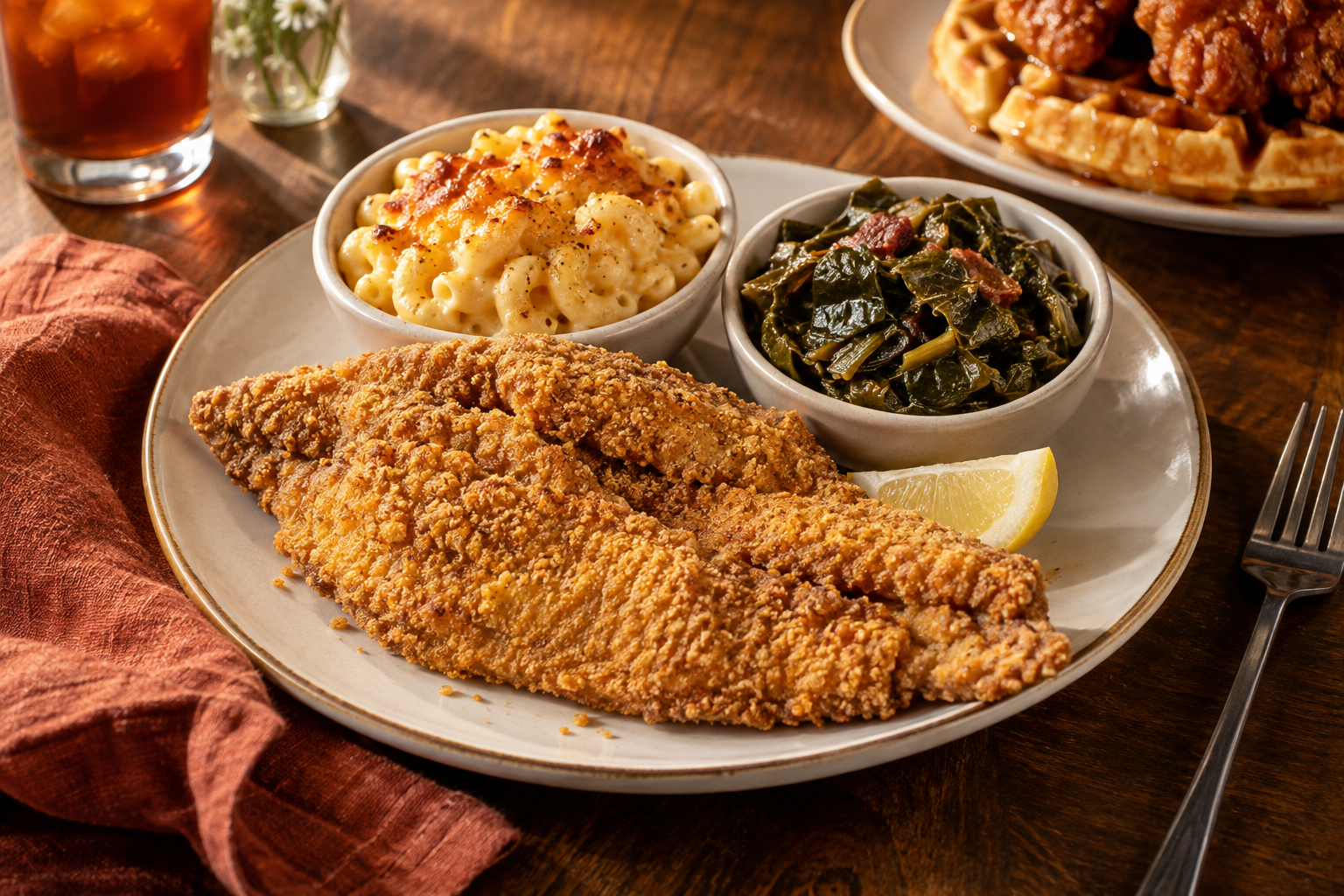 Illustrative soul food spread arranged on a warm, inviting table